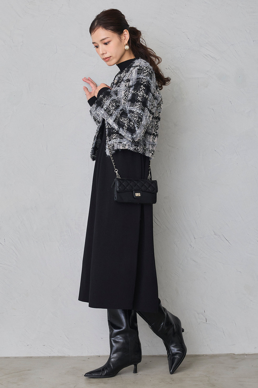 [予約/SET]ツイードチェッククロップドジャケット+リブセミフレアニットワンピース(2set)