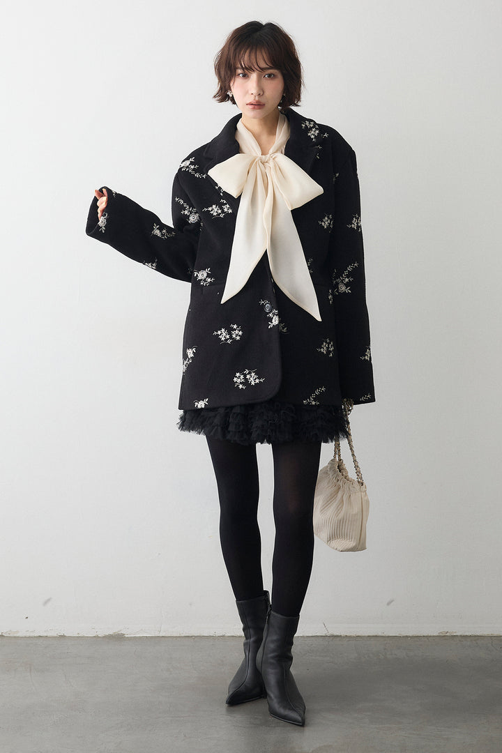 [予約/SET]フラワーエンブロイダリーモッサジャケット+ホイップチュールミニ丈スカート(2set)