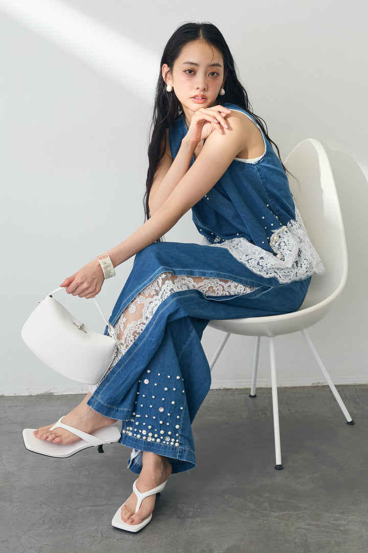 [予約]レースデコラティブパールデニムセットアップ