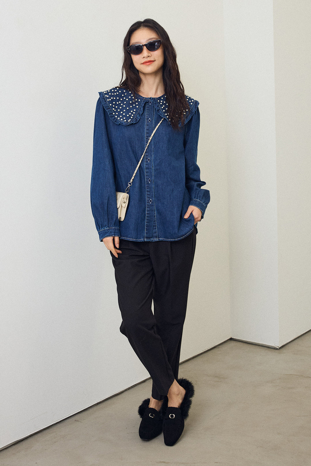 [予約/SET]パールBIGカラーデニムシャツ+タックテーパードパンツ(2set)