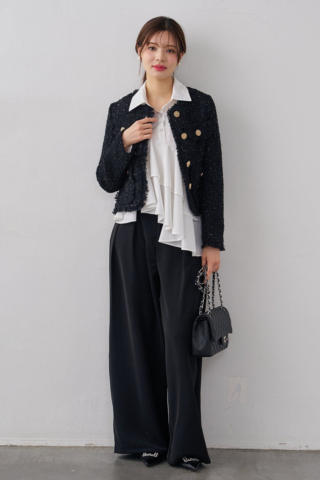 [予約/SET]フリンジツイードゴールドボタンジャケット+エステルツイルタックワイドカラーパンツ(2set)