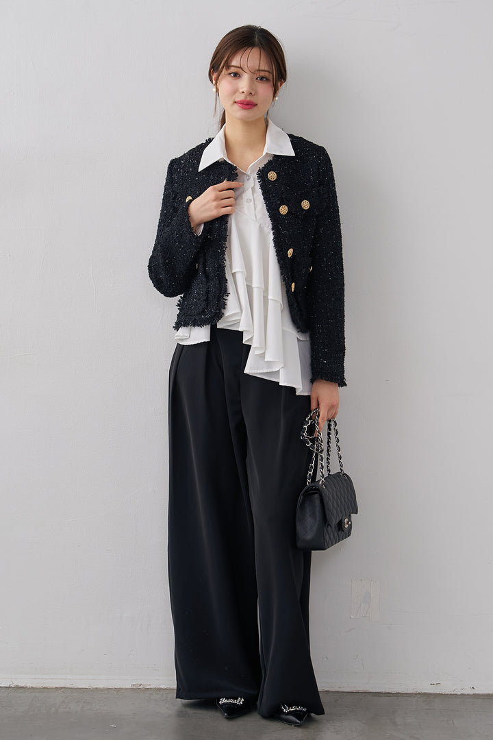 [予約/SET]フリンジツイードゴールドボタンジャケット+エステルツイルタックワイドカラーパンツ(2set)