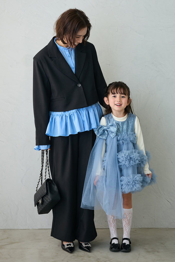 [予約/親子SET][kids]スパンコールリボンホイップチュールワンピセット+フリルヘムスリーブブラウス+クロップドマニッシュシンプルジャケット+ツイルシンプルストレートパンツ(4set)
