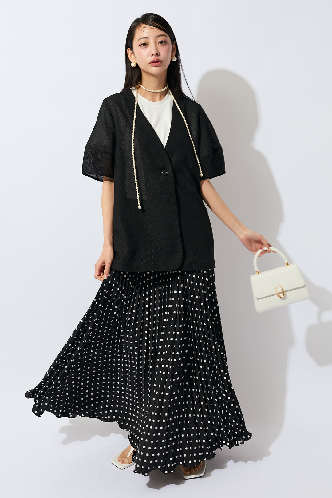 [予約/SET]メッシュパフスリーブシアージャケット+ドットプリーツロングスカート(2set)