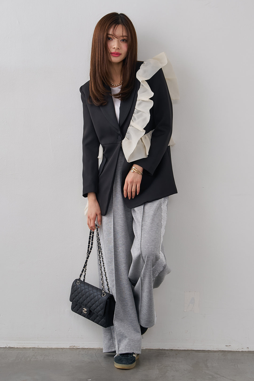 [予約/SET]アシメフリルマニッシュジャケット+サイドレースWフェイスカットソーパンツ(2set)