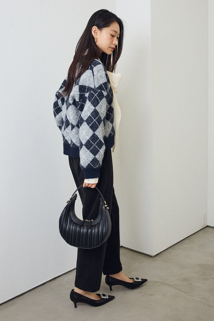 [予約/SET]前後2wayリボンシアーブラウス+アーガイル柄ゴールドボタンニットカーデ(2set)