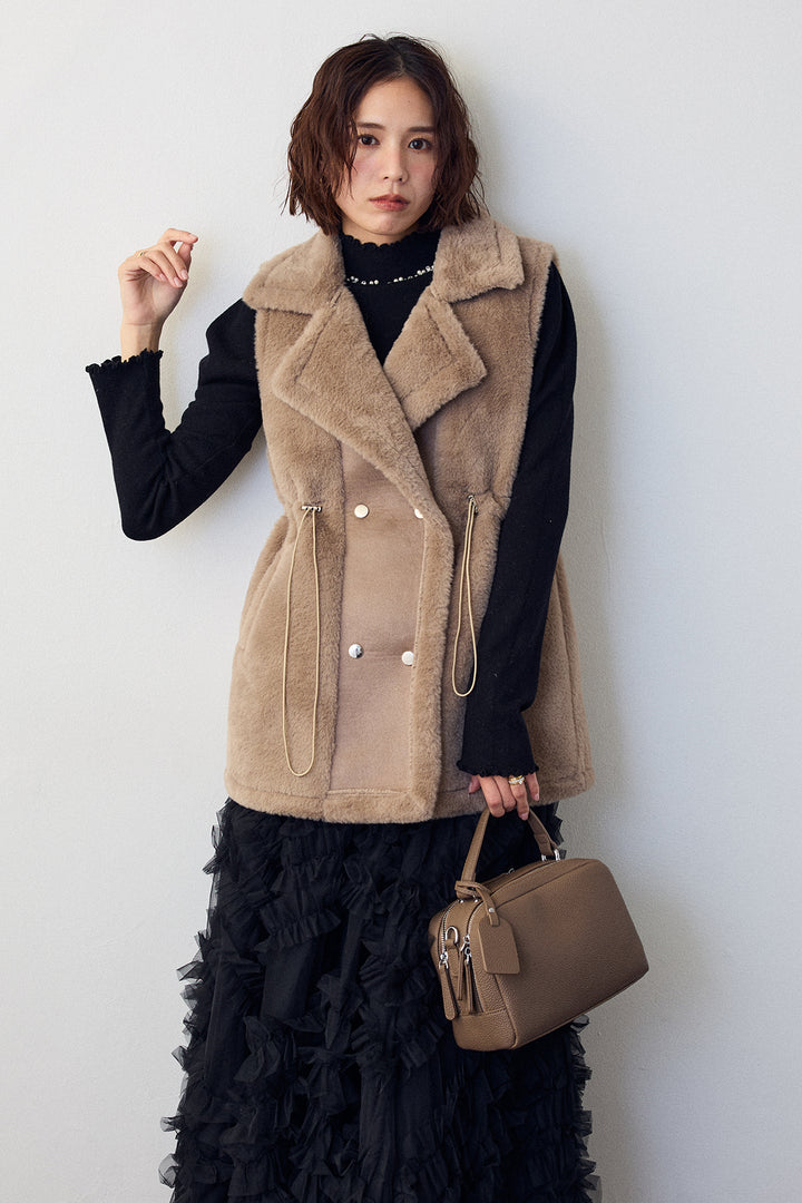 [予約/SET]ネックショルダーパールポイントニット+テディボアウエストドロストベスト+スフレアシメチュールスカート(3set)