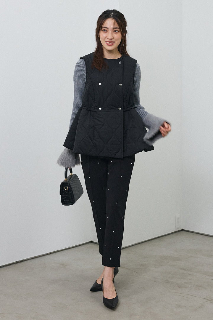 [予約/SET]フェザー切替スリーブフレアニット+キルティングフレアシルエットベスト+センターシームランダムパールパンツ(3set)
