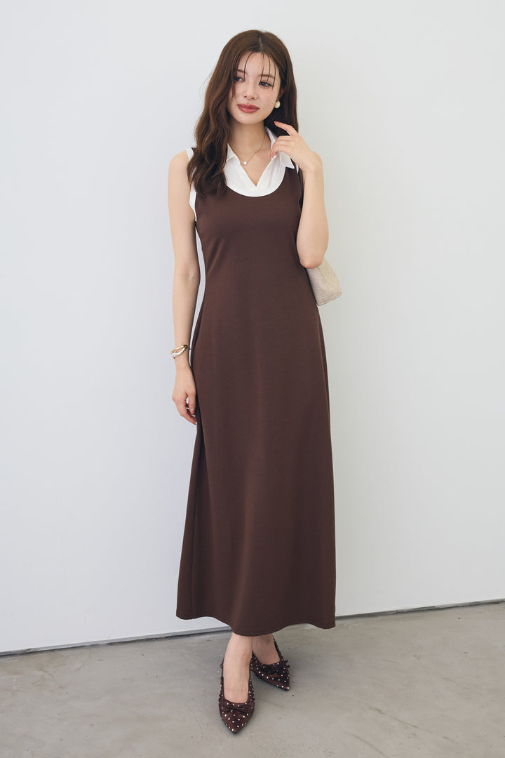 [予約]シャツレイヤードデザイン美ラインカットワンピ