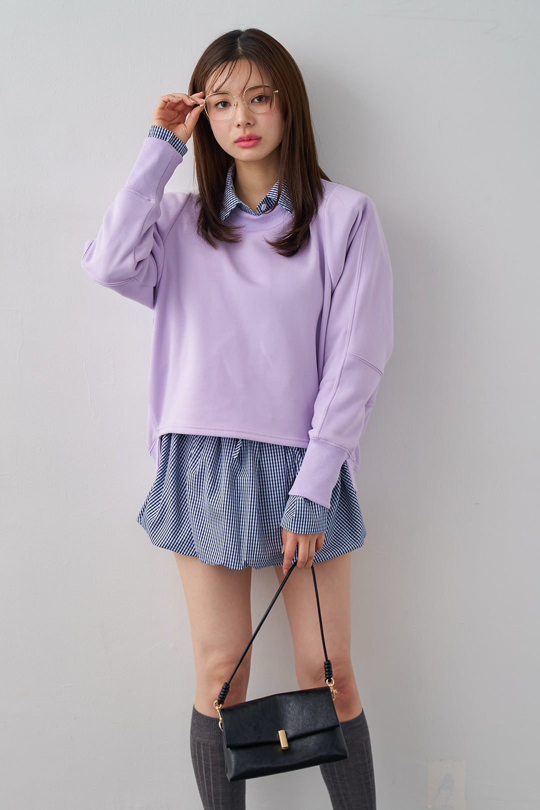 [予約/SET]ギンガムチェックバルーンミニボトムセットアップ+コクーンシルエットライトスウェットPO(2set)