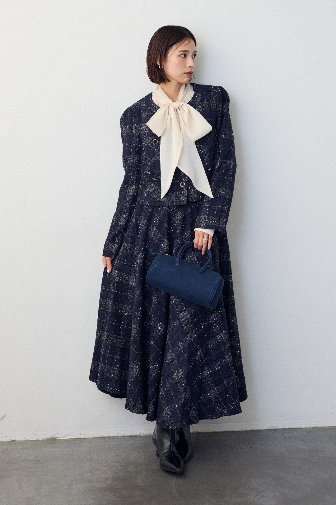 [予約/SET]前後2wayリボンシアーブラウス+ツイードチェックセミフレアスカートセットアップ(2set)