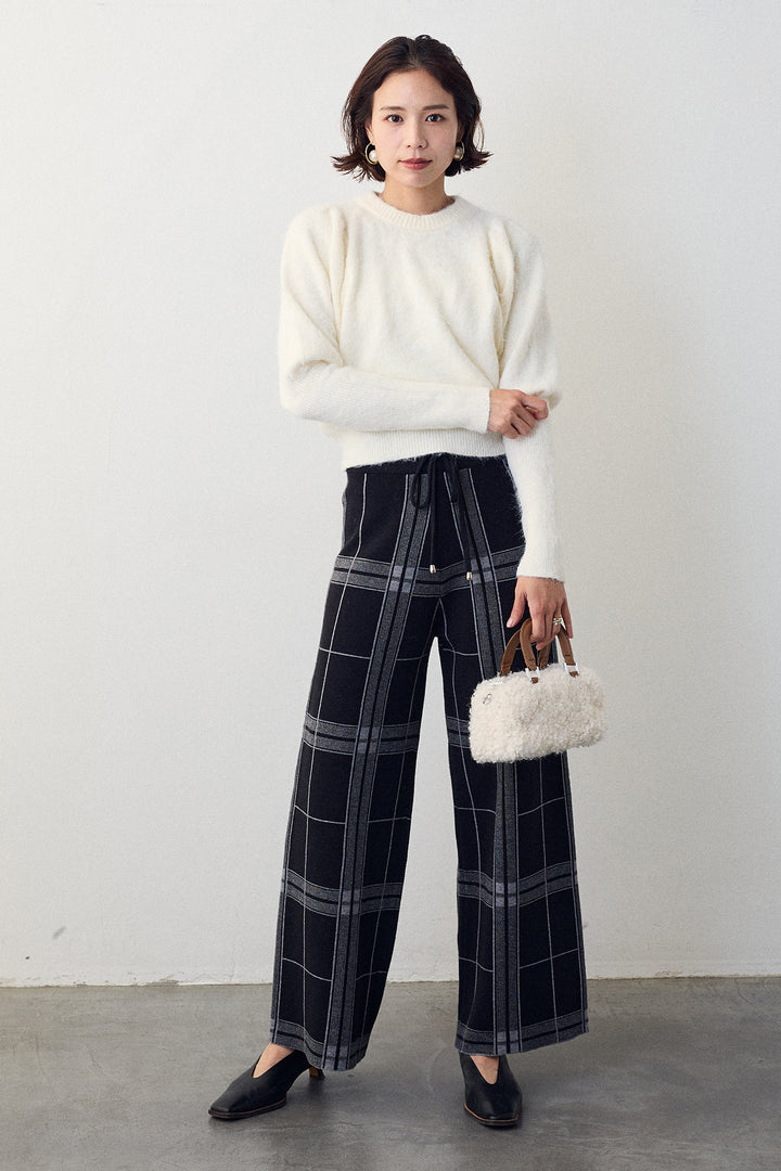 [予約/SET]モヘアパフスリーブプルオーバー+チェック柄ニットストレートパンツ(2set)