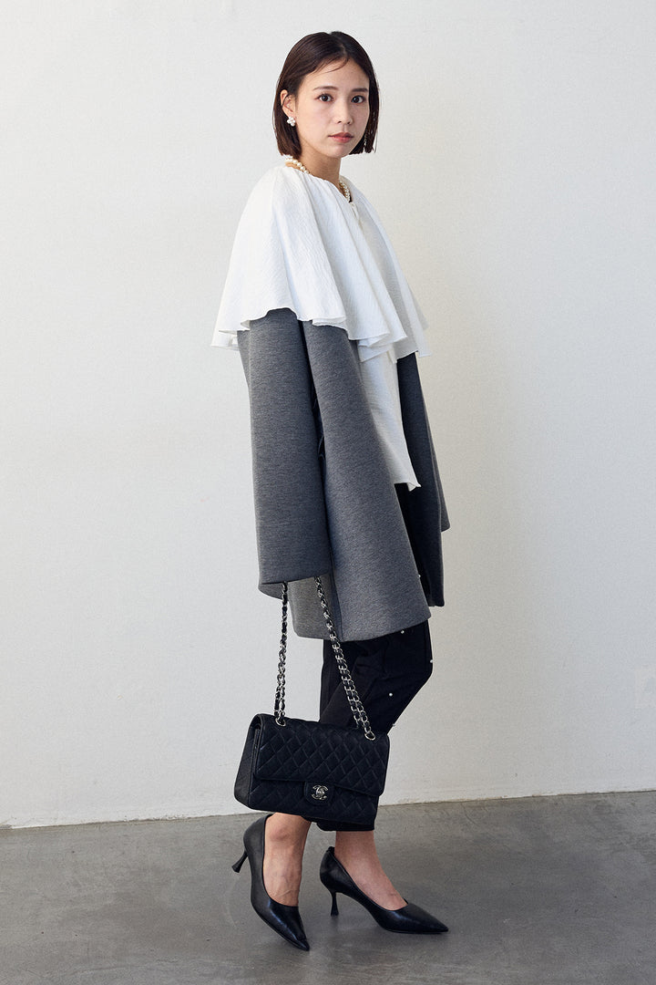 [予約/SET]BIGフリルカラーブラウス+フリルポケットボンディングノーカラーコート+センターシームランダムパールパンツ(3set)