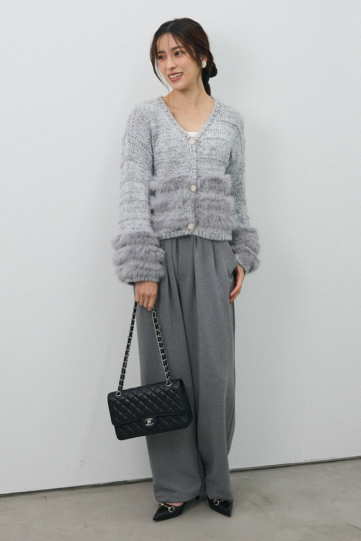 [予約/SET]ネックビジューラインファーニットカーデ+2タック美シルエットパンツ(2set)