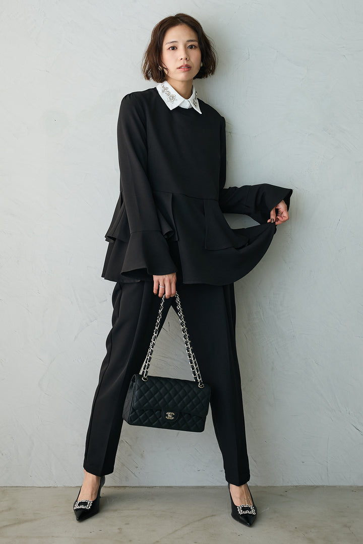 [予約]ウエストサテン切替テーパードパンツ