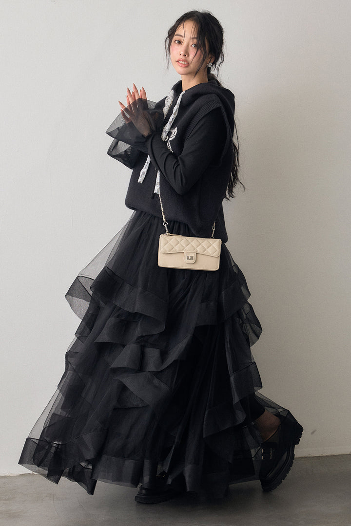 [予約/SET]チュールシアーカフスリブニット+レースリボンロゴフードスリーブレスニット+ランダムフリルティアードボリュームスカート(3set)