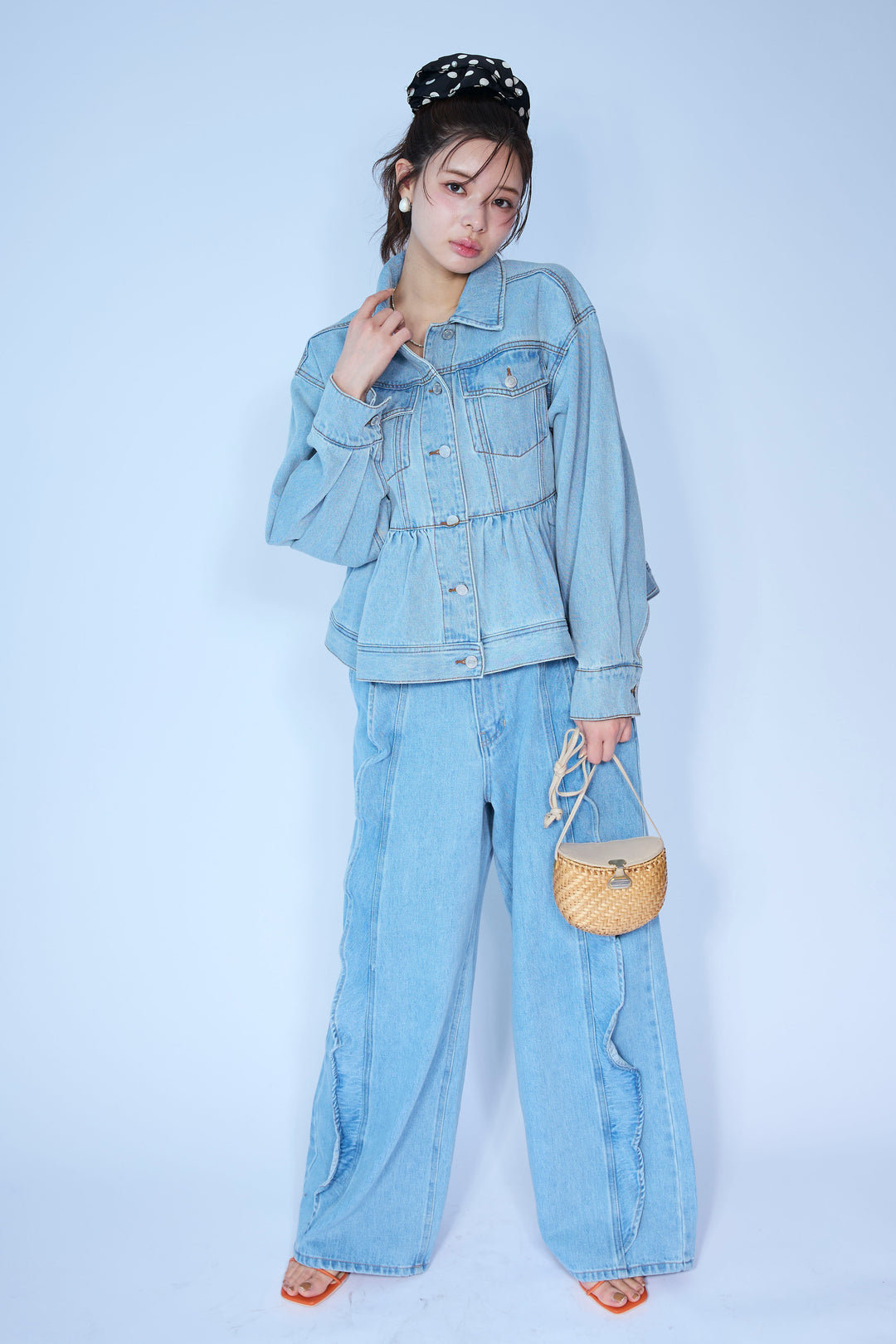 [予約/SET]ペプラムデニムジャケット+フリルウェーブデニムパンツ(2set)