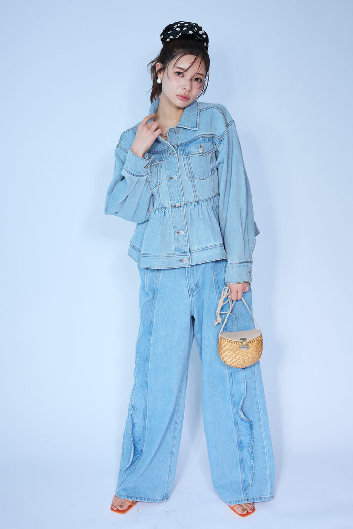 [予約/SET]ペプラムデニムジャケット+フリルウェーブデニムパンツ(2set)