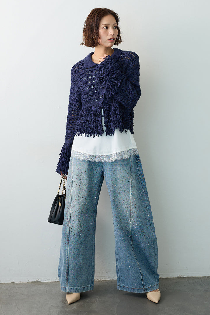 [予約/SET]繊細レースサテンキャミ+メッシュフリンジクロップドニット+スパークルラインストーンカーブデニム(3set)