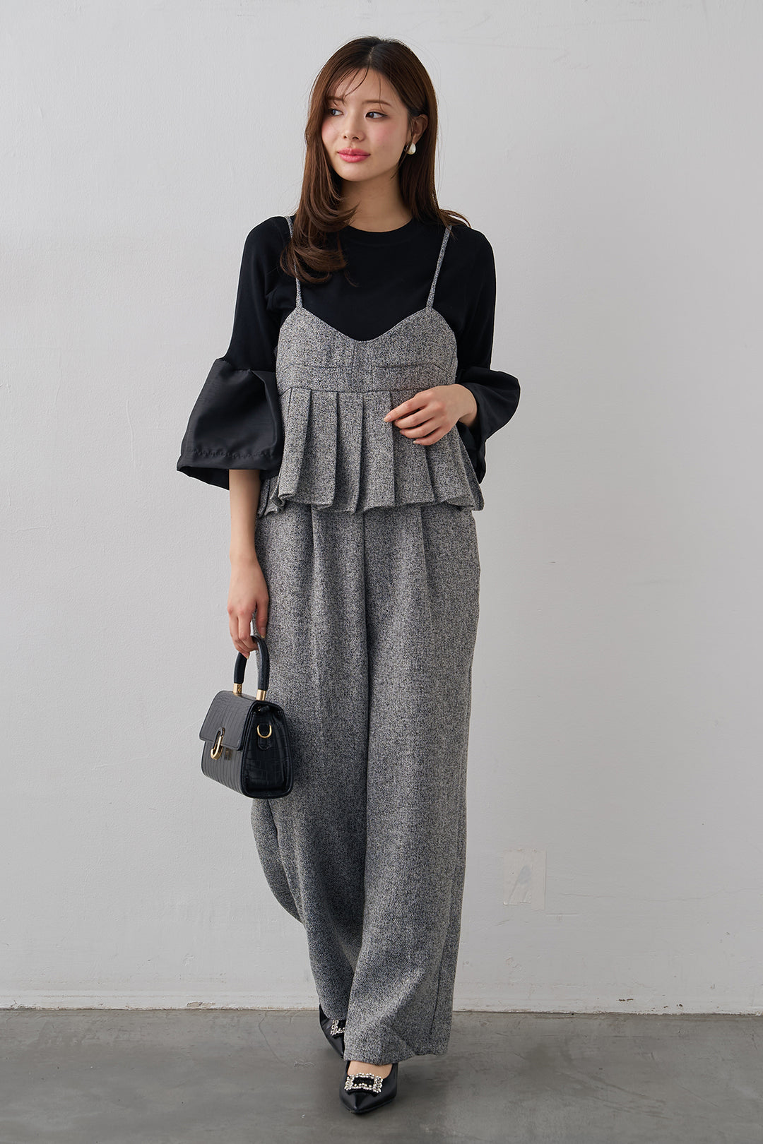 [予約/SET]タックフレア異素材ドッキングニットPO+プリーツビスチェオールインワン(2set)