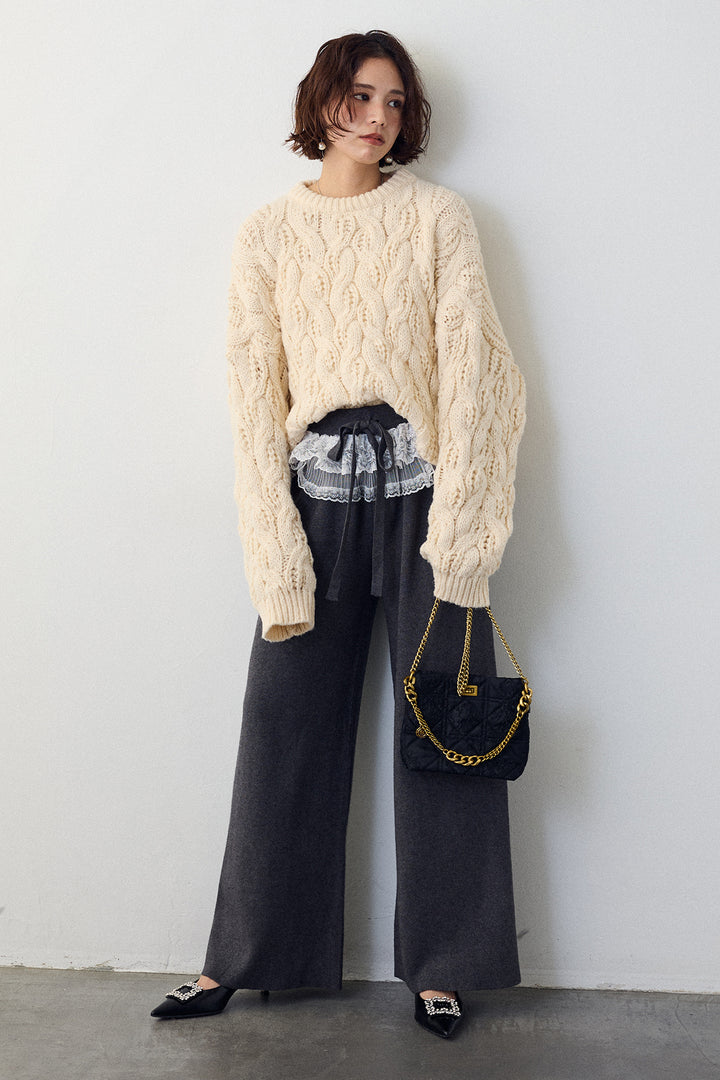 [予約/SET]ニュアンスケーブルクロップドニット+ウエストレースニットストレートパンツ(2set)