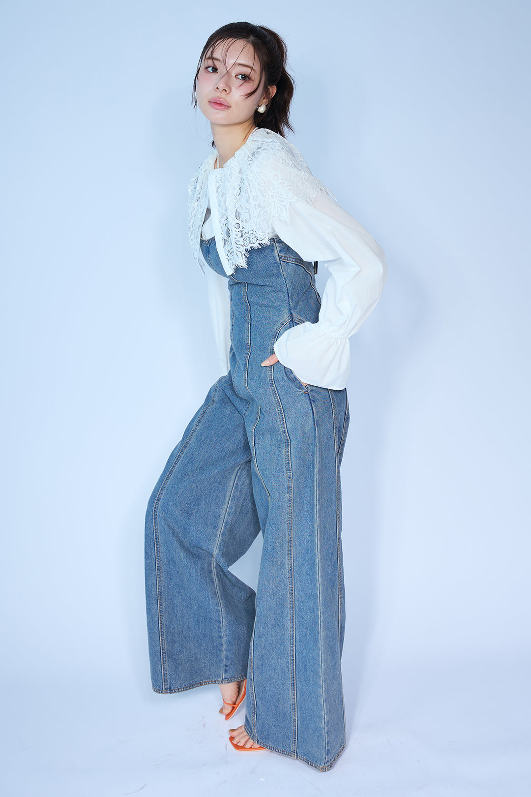 [予約/SET]繊細レースカラーキャンディースリーブブラウス+美ラインデニムサロペット(2set)
