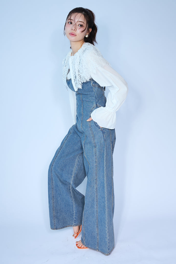 [予約/SET]繊細レースカラーキャンディースリーブブラウス+美ラインデニムサロペット(2set)