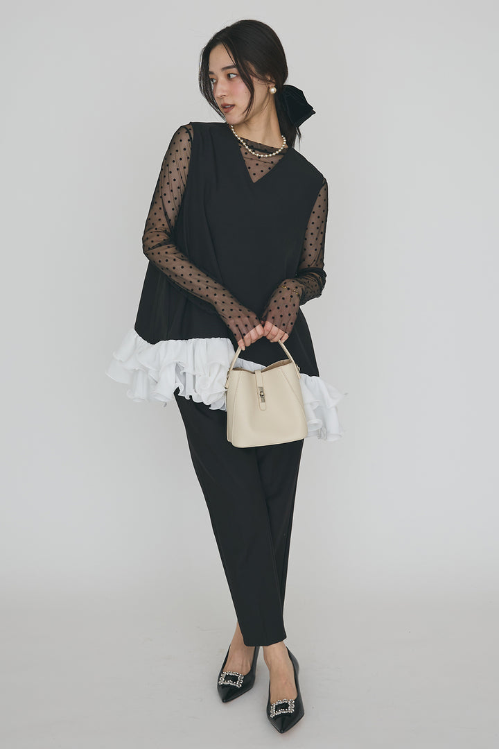 [予約/SET]異素材フリルヘムVネックチュニック+タックテーパードパンツ(2set)