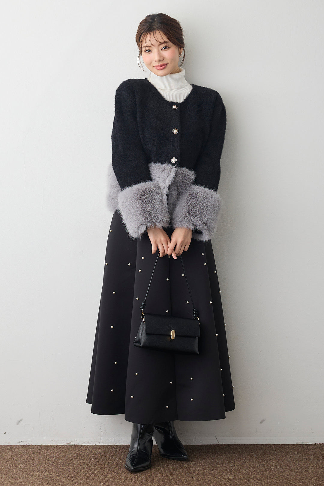 [予約/SET]配色ファードッキングコート+マルチパターンボンディングフレアスカート(2set)