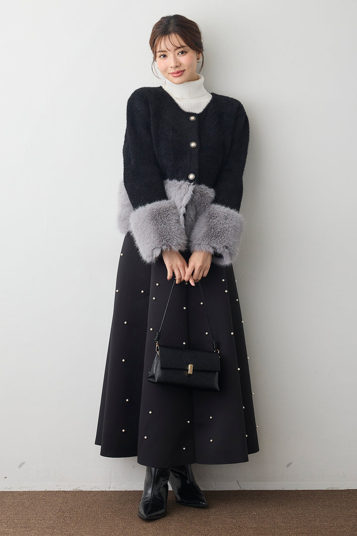 [予約/SET]配色ファードッキングコート+マルチパターンボンディングフレアスカート(2set)