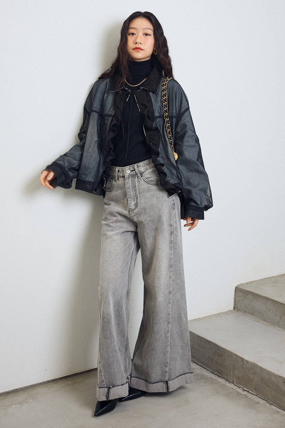 [予約]切替ワイドハイウエストデニム