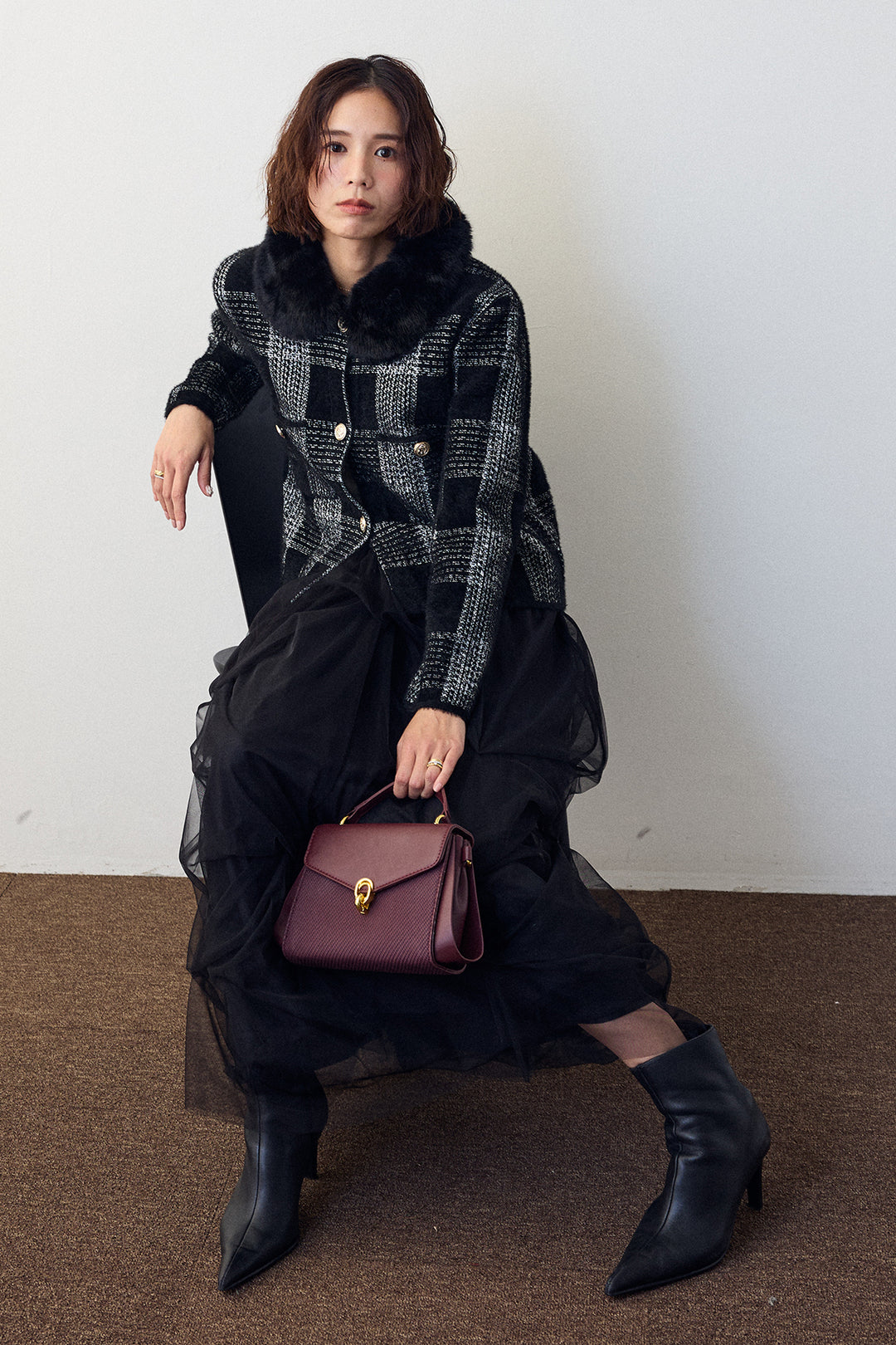 [予約/SET]チェック柄ファー襟コーディガン+マルチパターンタックチュールスカート(2set)