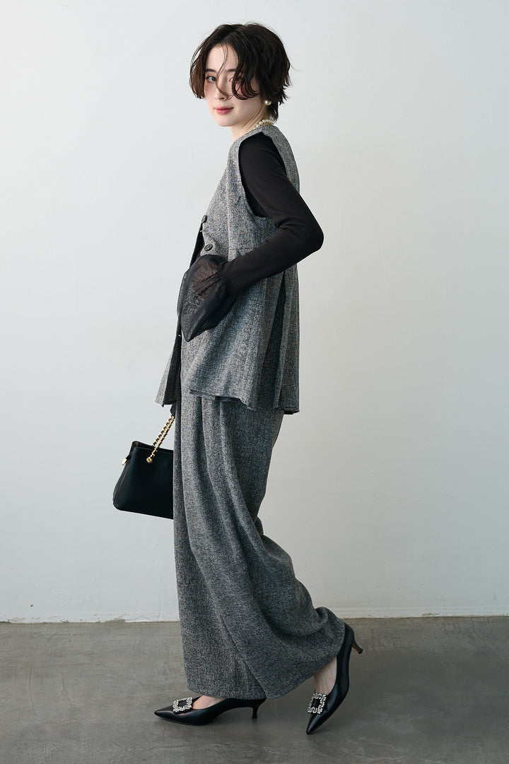 [予約/SET]チュールシアーカフスリブニット+サマーツイードボックスプリーツベスト+サマーツイードウエストラインタックパンツ(3set)