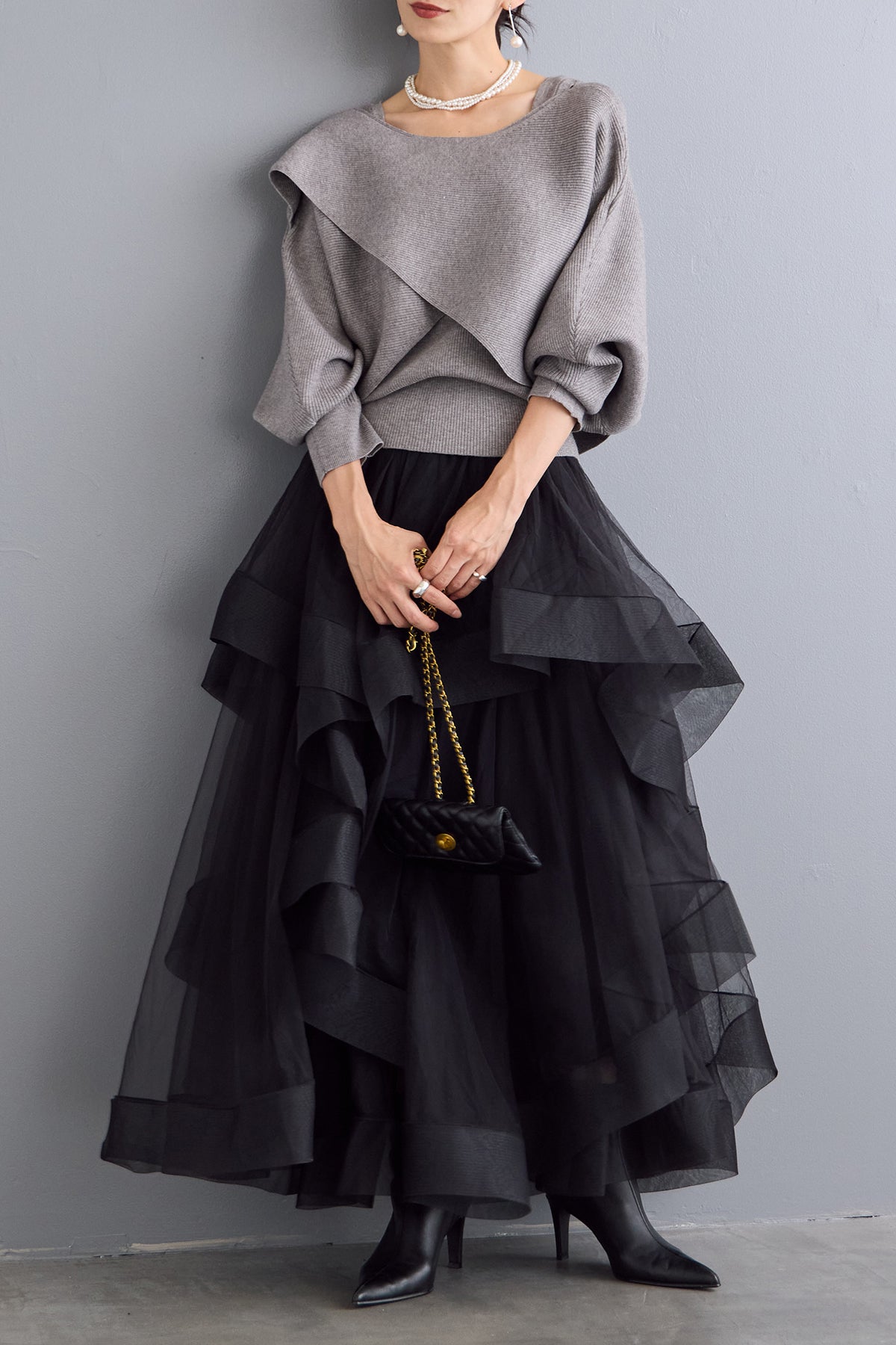 frene ランダムフリルティアードボリュームスカート ブラック 予約/SET]アシメケープタンクニットセット+ランダムフリルティアード