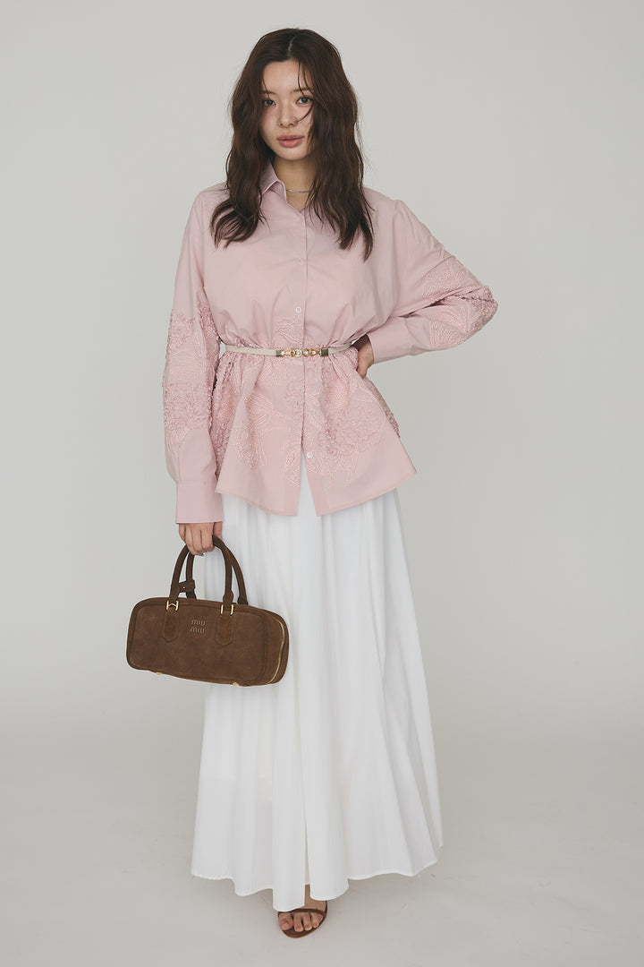 [予約/SET]フラワー刺繍モチーフオーバーシャツ+ギャザーフレア綿タッチスカート(2set)