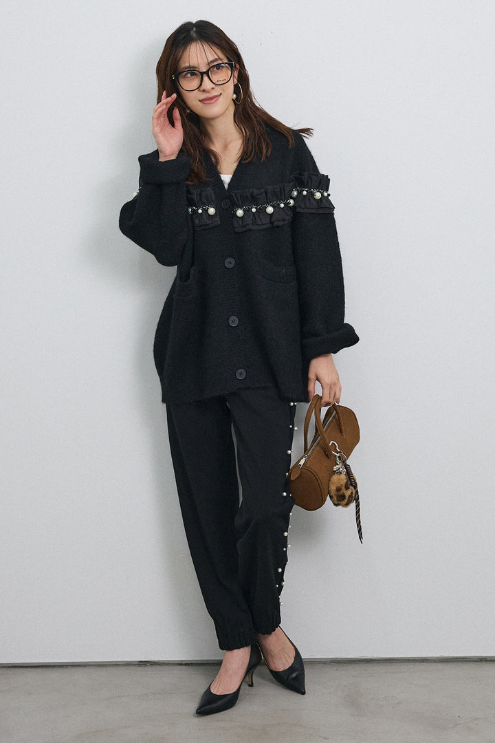 [予約/SET]フリルパールドッキングニットコーディガン+サイドパール裾タックジョガーパンツ(2set)