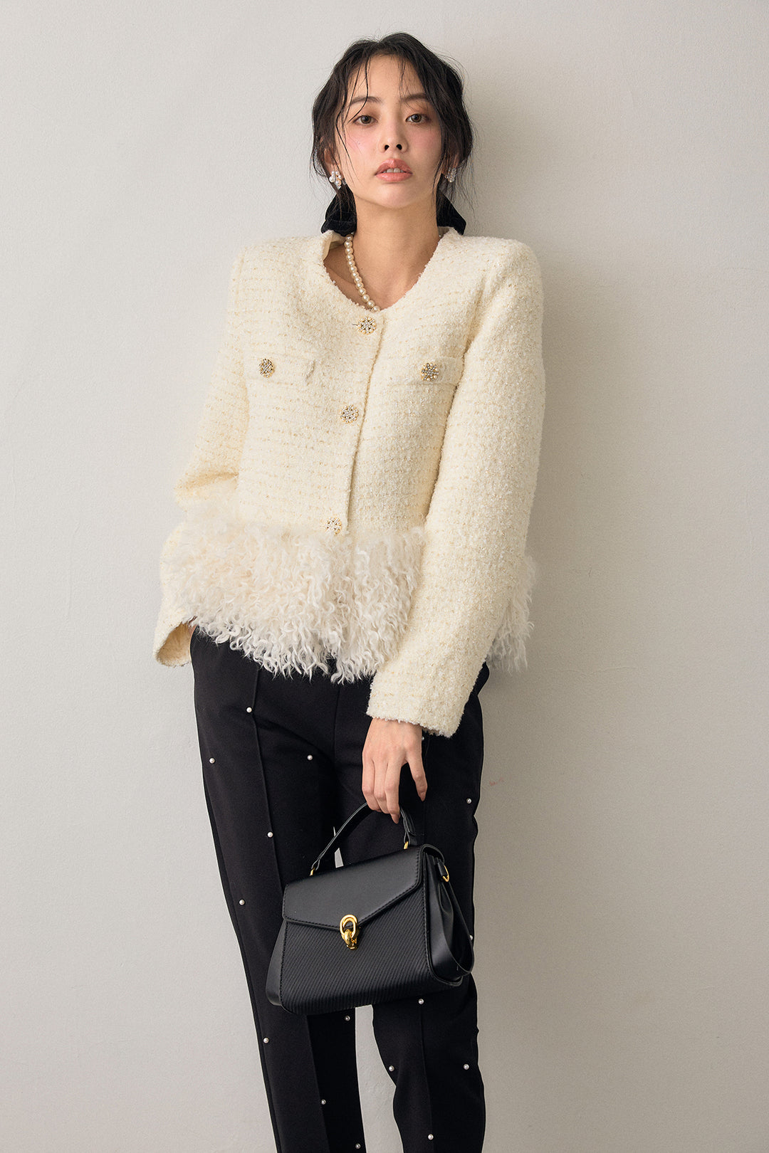 [予約/SET]中綿ツイードロングファードッキングジャケット+センターシームランダムパールパンツ(2set)