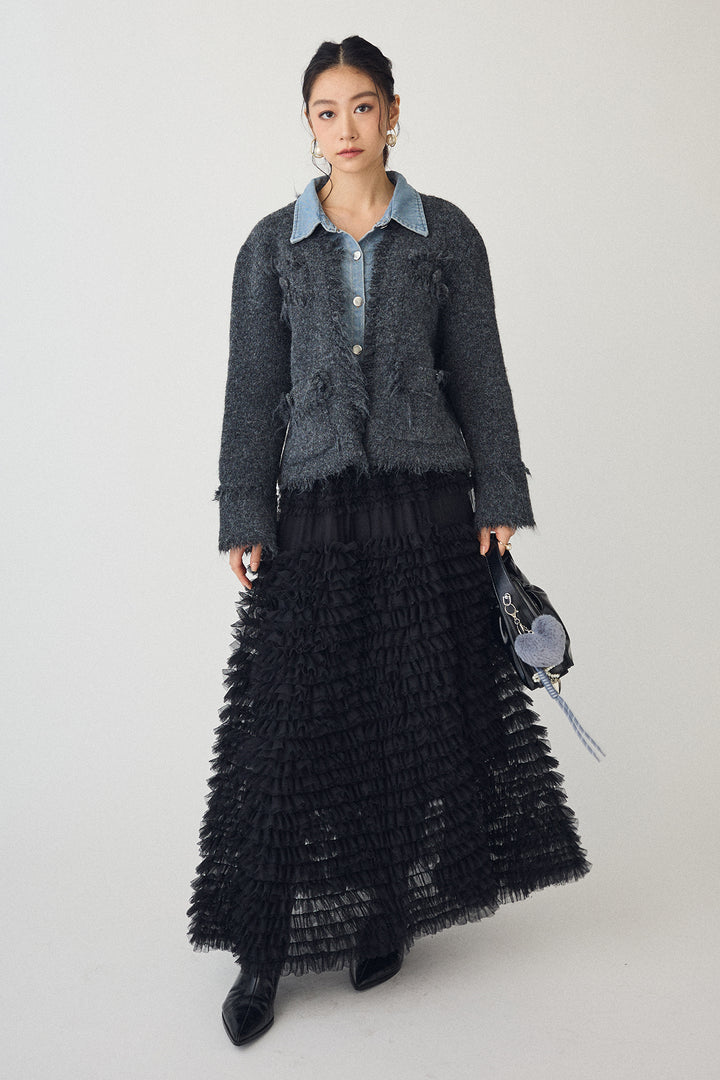 [予約/SET]デニムシャツドッキングツイードカーデ+ホイップチュールティアードスカート(2set)