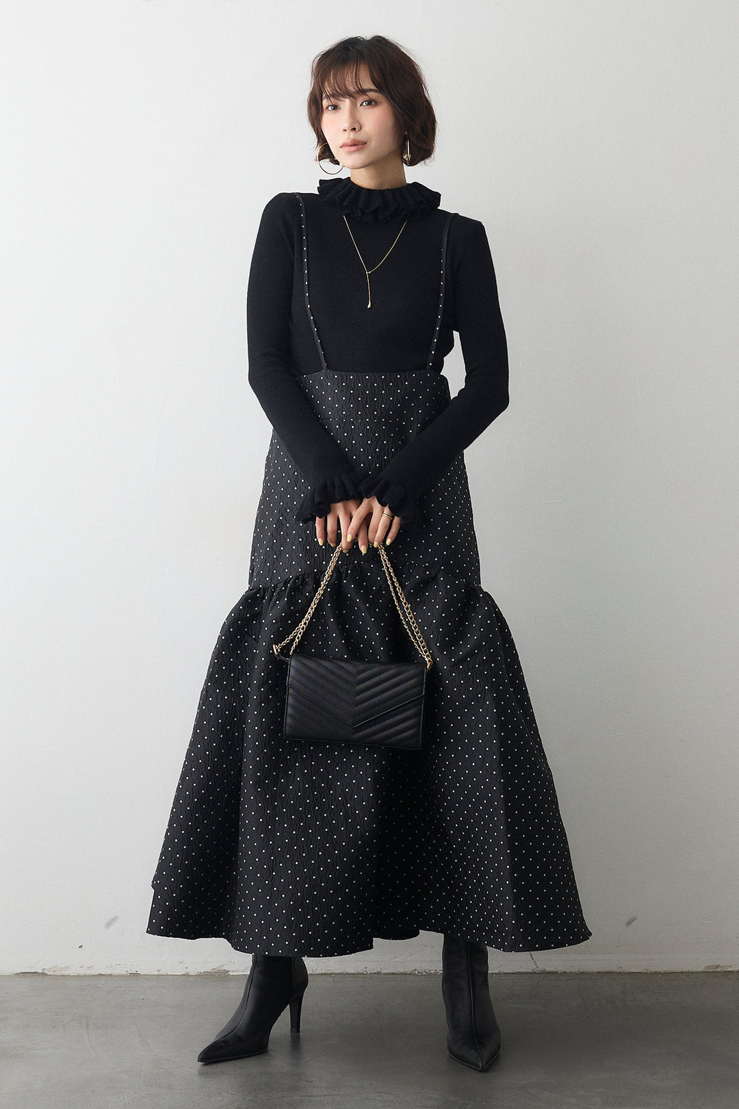 [予約/SET]ダブルフリルカラーニットプルオーバー+ドットジャガードギャザーフレアスカート(2set)