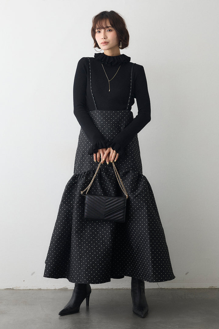 [予約/SET]ダブルフリルカラーニットプルオーバー+ドットジャガードギャザーフレアスカート(2set)