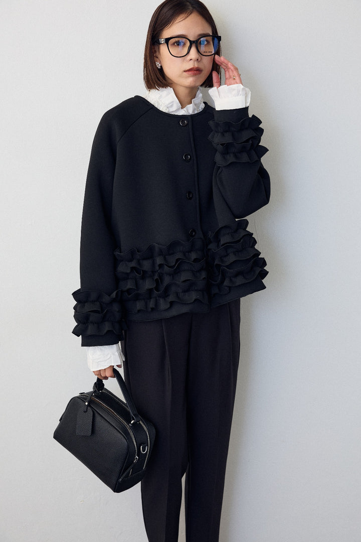 [予約/SET]フリルティアードボンディングクロップドコート+タックテーパードパンツ(2set)