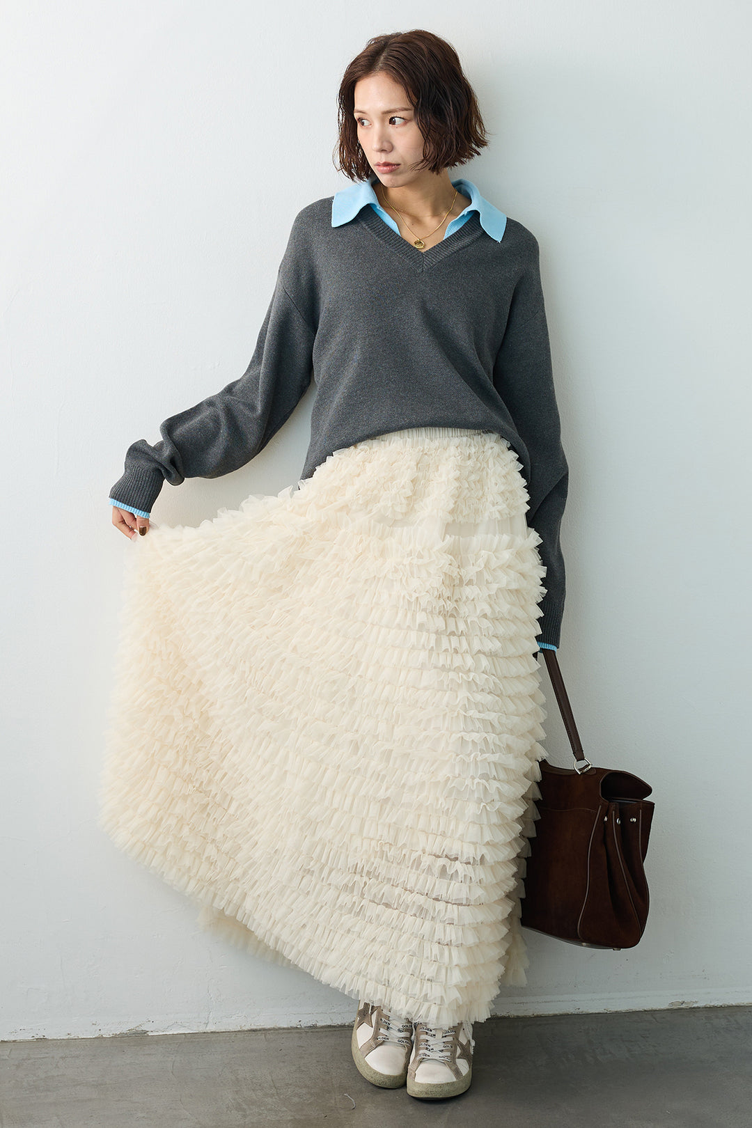 [予約/SET]配色襟レイヤード風ニット+ホイップチュールティアードスカート(2set)