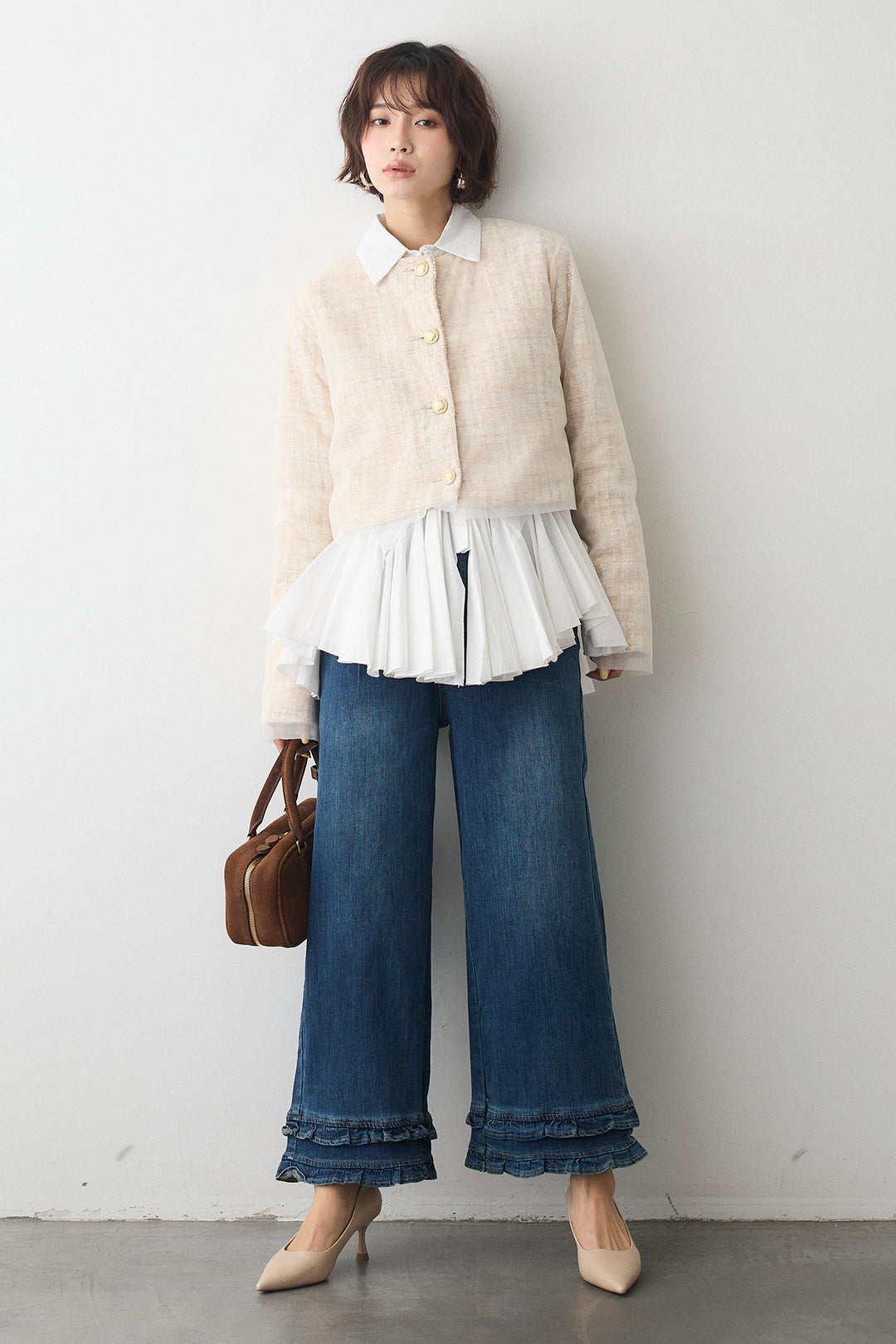 [予約/SET]パネルフレアヘムシャツ+ツイード×チュールレイヤードクロップドジャケット+フリルヘムデニムパンツ(3set)