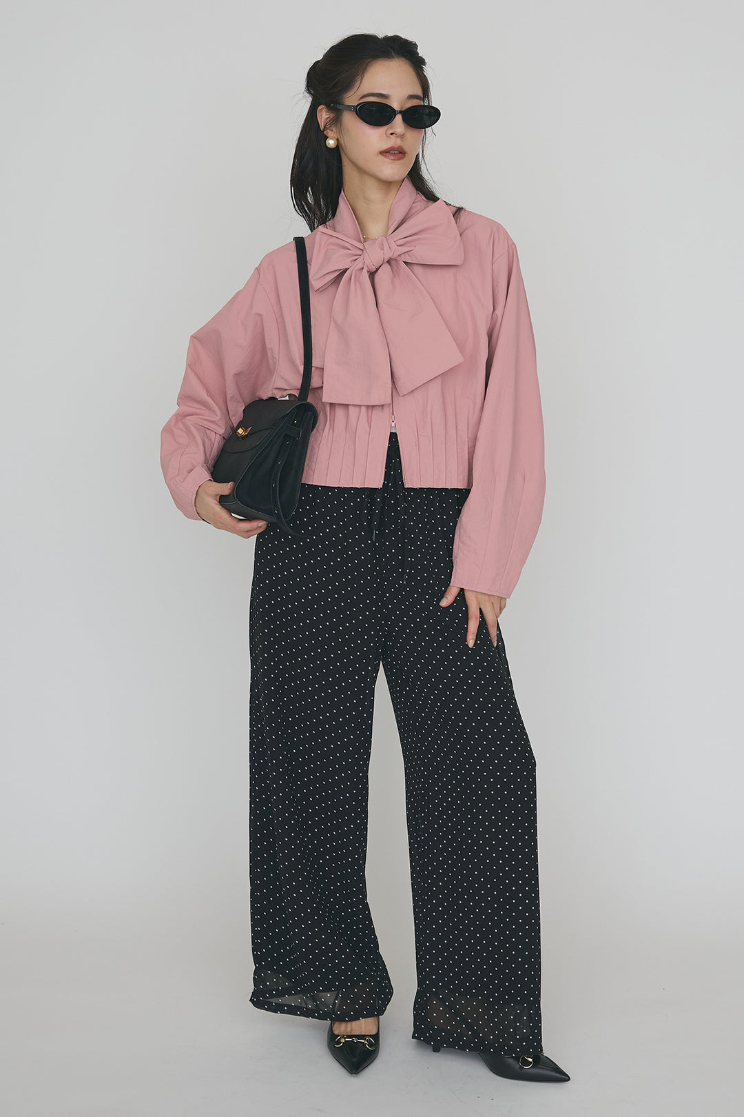 [予約/SET]フロントファスナーヘムタックボウタイブラウス+シアードットリラックスパンツ(2set)