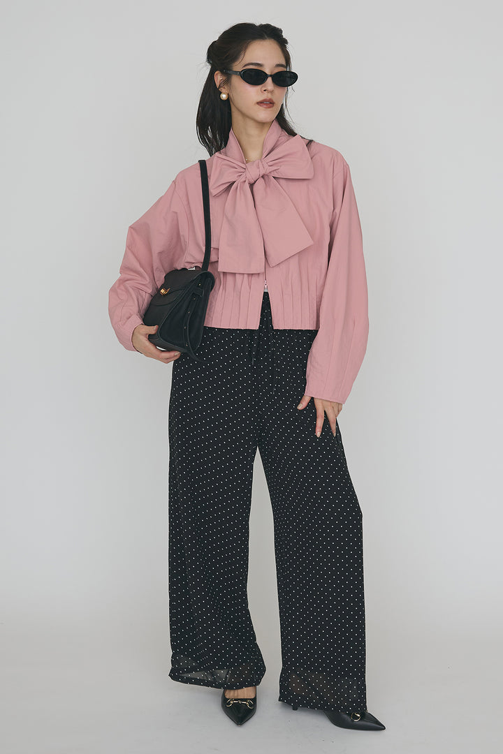 [予約/SET]フロントファスナーヘムタックボウタイブラウス+シアードットリラックスパンツ(2set)