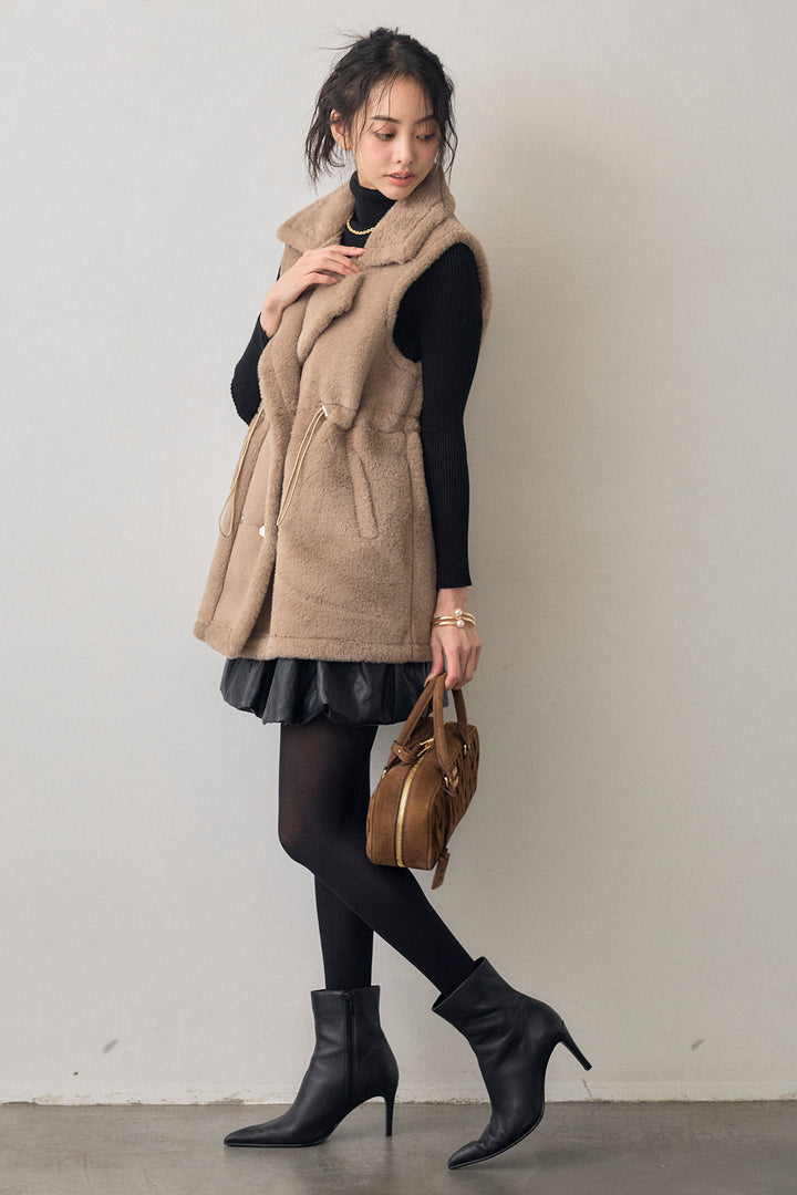 [予約/SET]ベーシックリブタートルニット+テディボアウエストドロストベスト+フェイクレザーティアードバルーンミニスカート(3set)