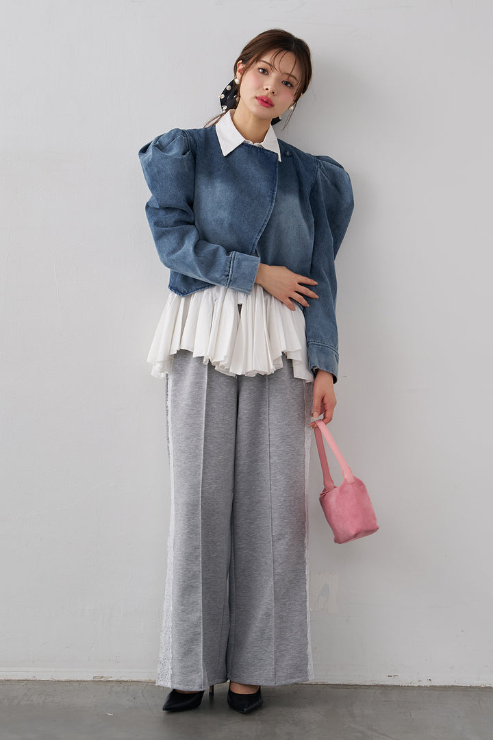 [予約/SET]パネルフレアヘムシャツ+パフスリーブショートデニムジャケット+サイドレースWフェイスカットソーパンツ(3set)