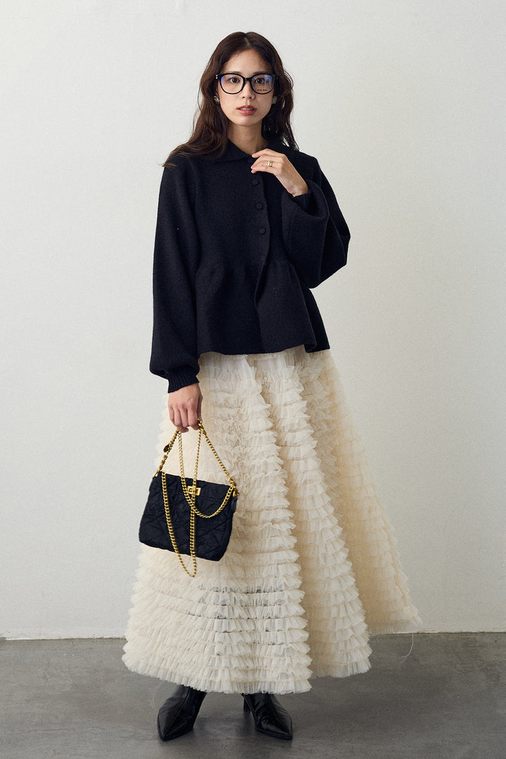 [予約/SET]ポロ襟ペプラムニットプルオーバー+ホイップチュールティアードスカート(2set)