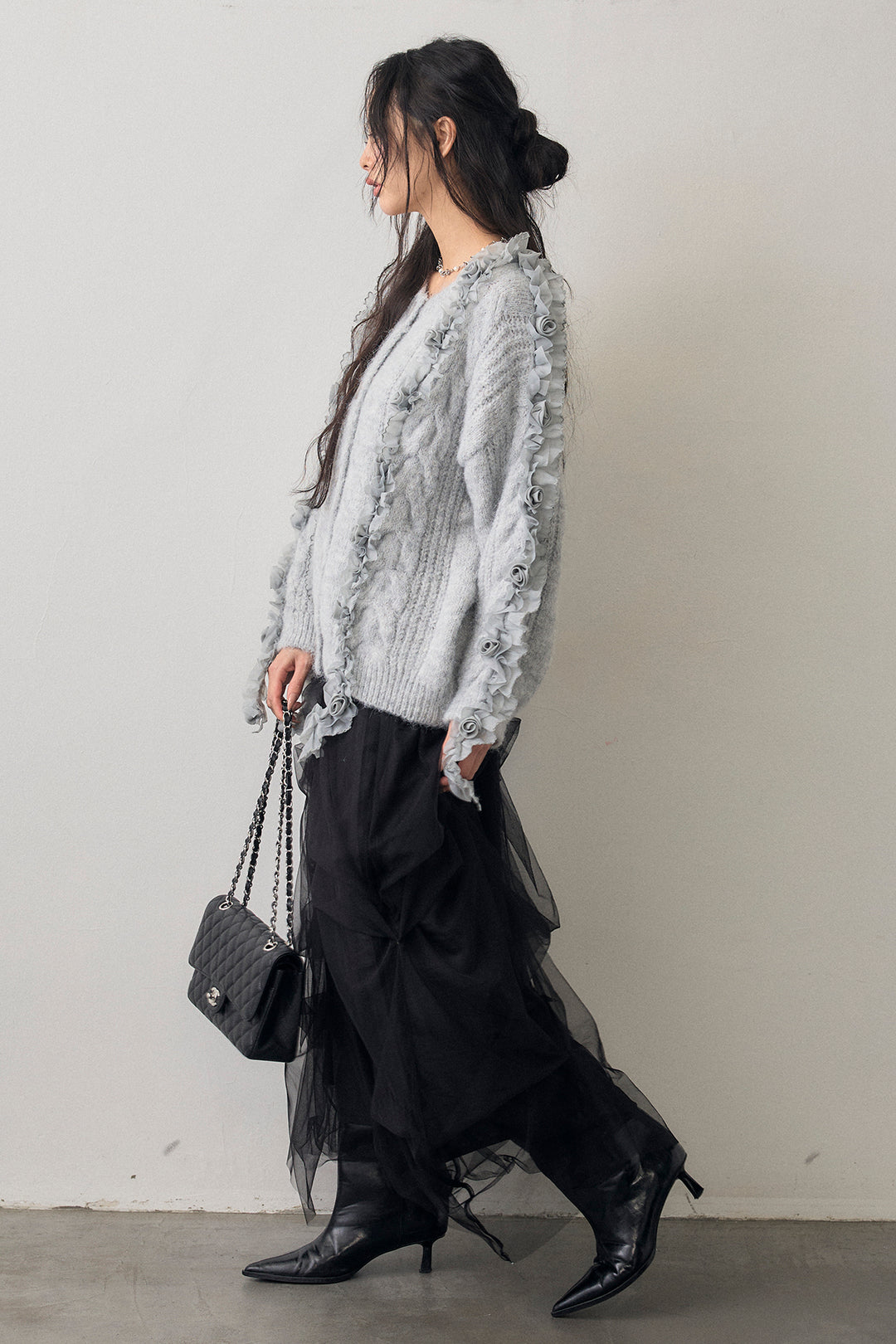 [予約/SET]フリルローズドッキングニットカーデ+マルチパターンタックチュールスカート(2set)