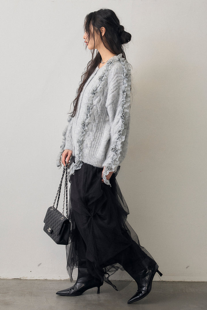 [予約/SET]フリルローズドッキングニットカーデ+マルチパターンタックチュールスカート(2set)